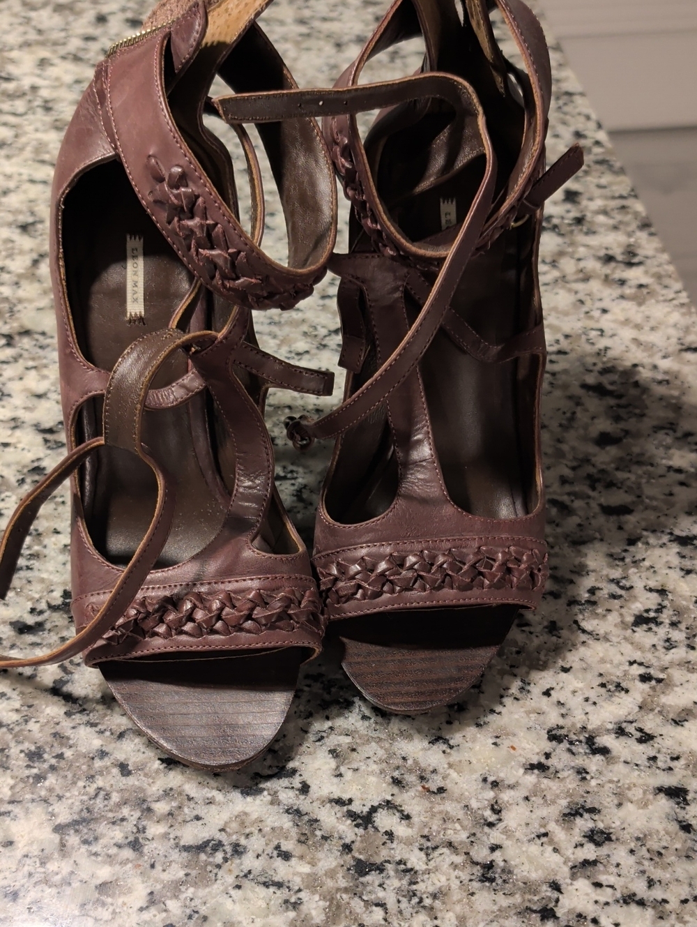 Woven Strap Brown Leather Womens Heels with Ankle Tie
